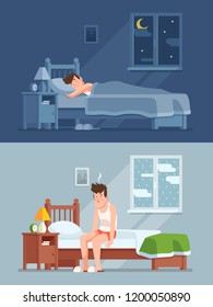 Man Sleeping Under Duvet At Night, Waking Up Morning With Bed Hair And Feeling Sleepy And Tired. Sleep Disorder, Insomnia Cartoon  Concept