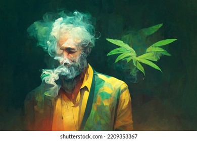 A Man Smokes Marijuana. A Young Drug Addict In Smoke.
