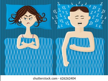 Man snores loudly. Woman can not sleep. Sleep problems because of snoring.Illustration of a couple in flat style.  - Powered by Shutterstock