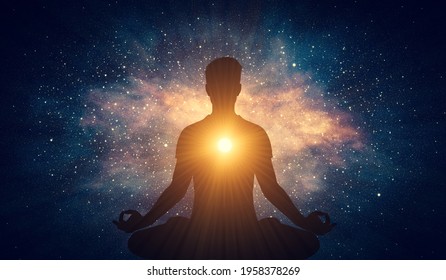 Man and soul. Yoga lotus pose meditation on nebula galaxy background. Zen, spiritual well-being. 3D illustration - Powered by Shutterstock