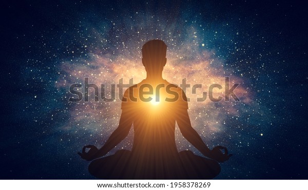 Man and soul.
Yoga lotus pose meditation on nebula galaxy background. Zen,
spiritual well-being. 3D
illustration