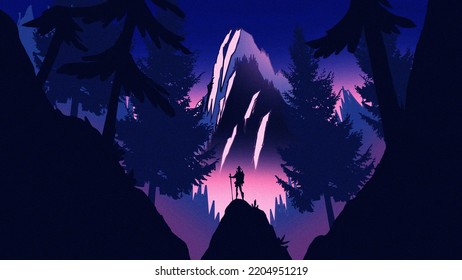 A  Man Stand Alone Night Time Mountains  Trees Forest Digital Art ,type Painting ,3d Illustration , High Definition ,  Wallpaper