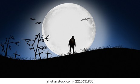 A Man Stand Walking Alone At Night Time Under A Big Moon Digital Art ,type Painting ,3d Illustration , High Definition ,  Wallpaper