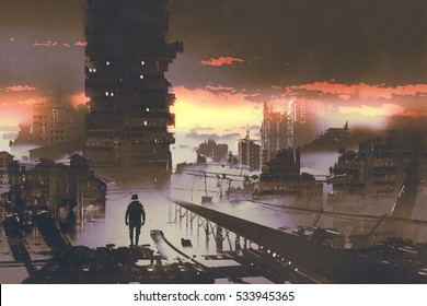 man standing in abandoned city,sci-fi concept,illustration painting
