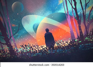 man standing alone in forest with fictional planets background,illustration