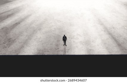 Man standing alone in large empty area in front of precipice. 3d render