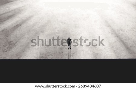 Man standing alone in large empty area in front of precipice. 3d render