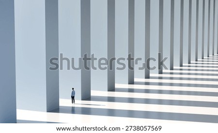 Man standing between two columns in a vast row contemplating business direction and future opportunities, 3d render