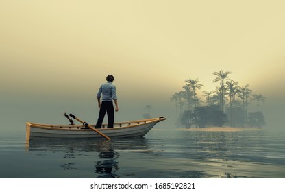 Man standing in a boat looking at a far island, during sunset at lake . This is a 3d render illustration . 