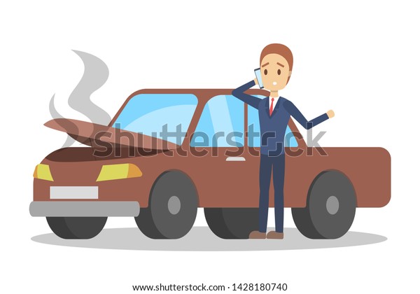 Man standing at the broken car and calling\
to the mechanic on the phone. Automobile repair service. Smoke from\
the auto. Flat\
illustration
