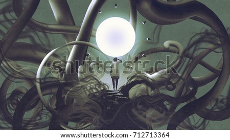 man standing in dark place and looking at glowing circle, digital art style, illustration painting