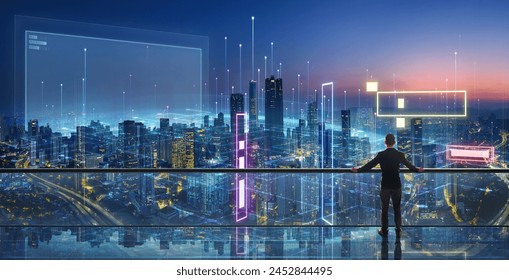 A man is standing in the foreground, facing a samrt cityscape with tall buildings and urban infrastructure. 3D rendering - Powered by Shutterstock