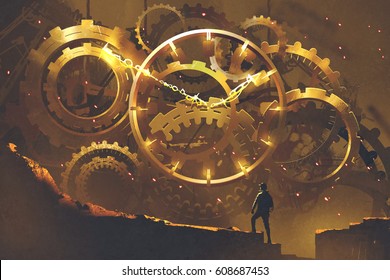 Man Standing In Front Of The Big Golden Clockwork,illustration Painting