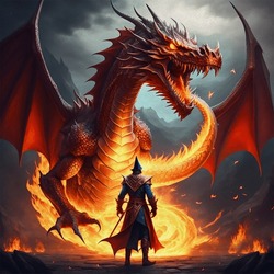 Man Standing In Front Of A Fire Dragon. Fantasy Scene. Wizard And Huge Dragon.. 3D Digital Painting.
