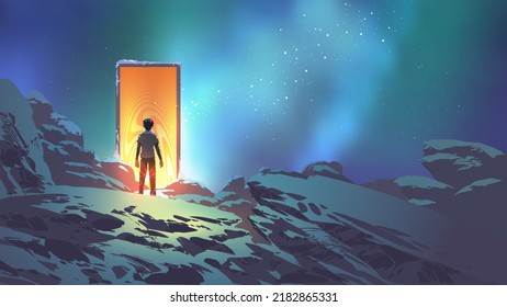 man standing in front of the glowing door that lead to another realm, digital art style, illustration painting