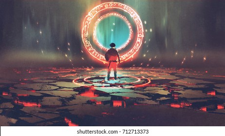 man standing in front of magic circle with red  light, digital art style, illustration painting
