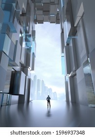 man standing in front of an open door, 3d illustration