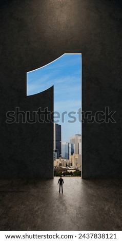 man standing in front of an open door in shape of number one, 3d illustration