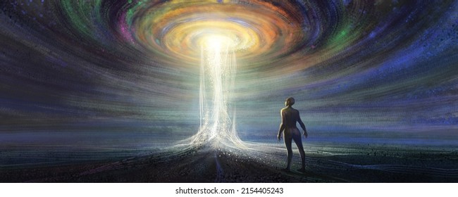 Man Standing In Front Of The Vortex Of Time And Space, 3D Illustration.