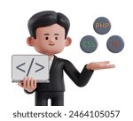 Man standing holding laptop while showing programming language software, programming language concept 3d illustration on white background