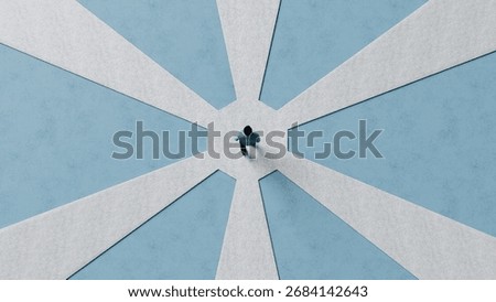 Man Standing at Intersection with Six Paths in Different Directions Symbolizing Decisions and the Right Path - 3D Render