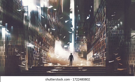 homme debout dans une mystérieuse bibliothèque, style art numérique, illustration