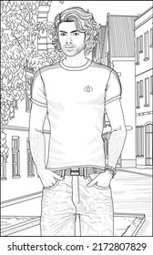 A man standing in the old English town street and his hands in his jeans' pockets  Line drawing white background  Relaxing coloring page for teens   adults