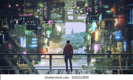man standing on balcony looking at futuristic city with colorful light, digital art style, illustration painting