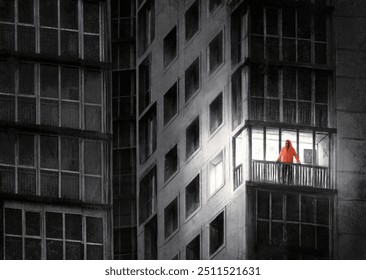 man standing on the balcony waiting, tall skyscrapers with off lights, only light on one floor is shining, dark scene with thriller atmosphere, in the style of modern brutalist architecture - Powered by Shutterstock