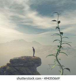 Man Standing On The Edge Of A Cliff Admiring A Big Beanstalk. This Is A 3d Render Illustration