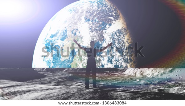 A man\
standing on the moon and lookin at the earth, Discovery and\
Colonization,  Exploration of the the Moon, Space Travel and\
Colonization Concept, 3d render, 3d\
illustration