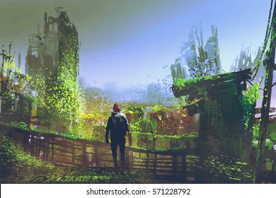 Man Standing On Old Bridge In Overgrown City,illustration Painting