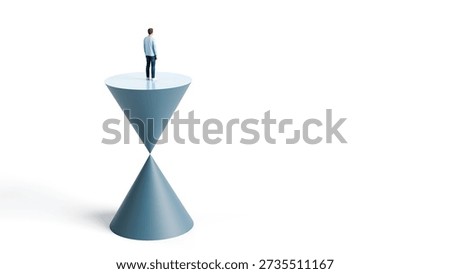 Man standing on the peak of two balanced cones with copy space representing precarious stability and perfect business equilibrium, 3d render