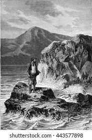 Man Standing On A Rock On The Sea Coast. From Jules Verne Dick Sand, A 15-Year Old Captain Book, Vintage Engraving, 1878.
