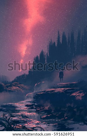 man standing on the rock with waterfall looking at the night sky,illustration painting