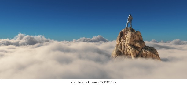 Человек, стоящий на каменной скале над облаками. Концепция успеха. Это 3D визуализация иллюстрации