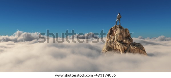 雲の上の石の崖に立つ男性 成功のコンセプト これは3dレンダリングイラストです のイラスト素材