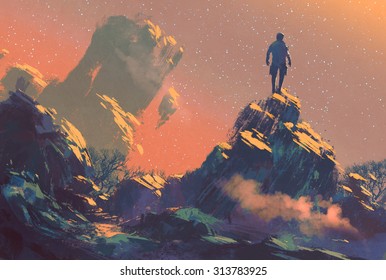 man standing on top of the hill watching the stars,illustration painting