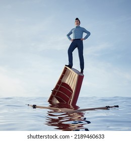 Man Standing On Top Of A Sinking Boat . Think Positive And Mindset Concept . This Is A 3d Render Illustration .