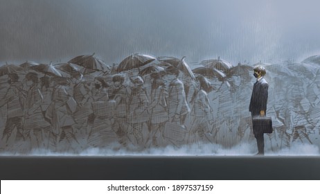 A Man Standing In The Rain Among People Holding Umbrellas Walks Across The Street, Digital Art Style, Illustration Painting