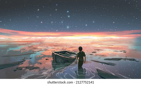 A man standing in a river with his shipwreck against the background of the sky upside down, digital art style, illustration painting