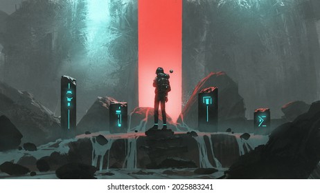 man standing at the sacred stones and looking at the red light in front of him, digital art style, illustration painting - Powered by Shutterstock