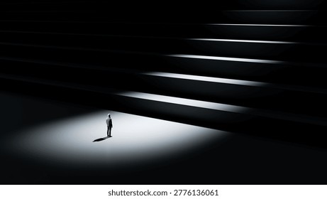 Man standing in spotlight looking up at massive staircase representing impossible business challenge and daunting goals, 3d render