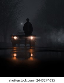 A man stands in front of car lights at night in the middle of the road, surrounded by forests and trees 3D 