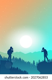 Man Stands On Top Of A Mountain Yelling. Man Hears A Cry. Collaboration. Travel Concept Of Discovering, Exploring And Observing Nature. Hiking Tourism. Adventure. Minimalist Graphic Flyers