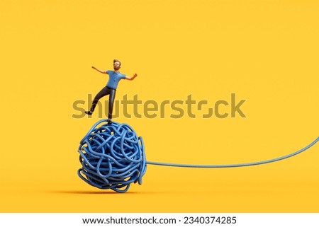 A man stood on a tangled ball of string. Overcoming stress and mental health. 3D Rendering. 3D Illustration