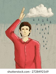 Man stopping a cloud, representing negative thoughts, from getting closer to his head. Digital illustration.