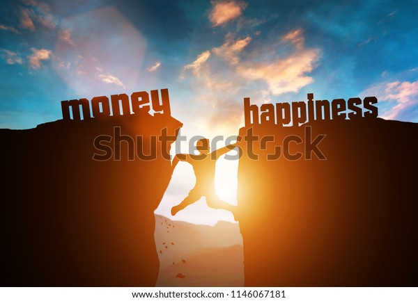 Man stuck between two\
cliffs with MONEY and HAPPINESS writings. Making a choice. Dilemma.\
3D illustration.