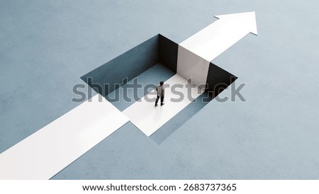 Man Stuck Inside Pit While Bold Upward Arrow Path Continues Above Symbolizing Struggle and Missed Success - 3D Render