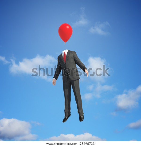 風船の頭が空高く飛ぶスーツを着た男性 のイラスト素材